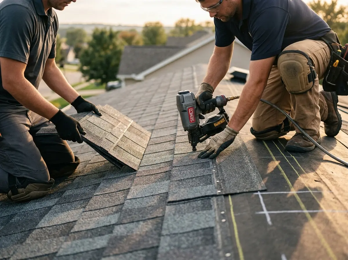 Professional roofer working on a residential roof in Navasota